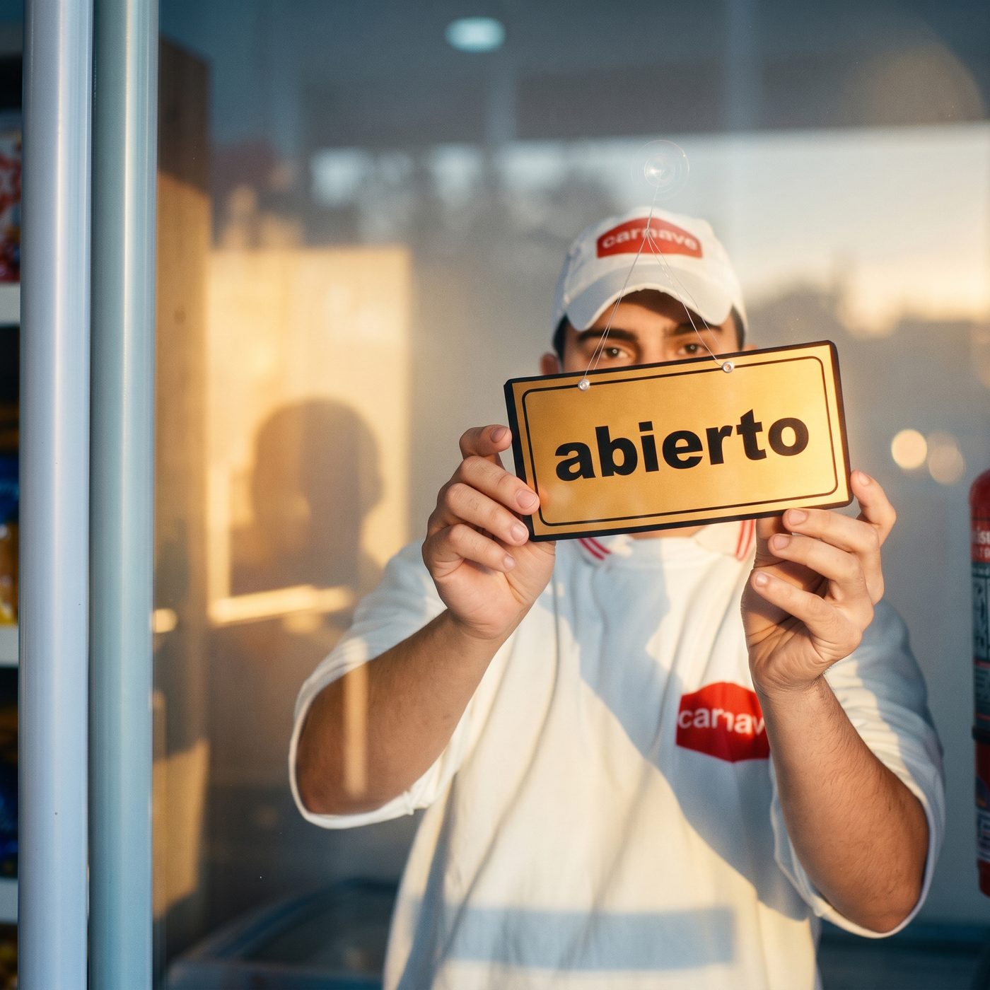 Empleado de Carnave colgando el cartel de abierto